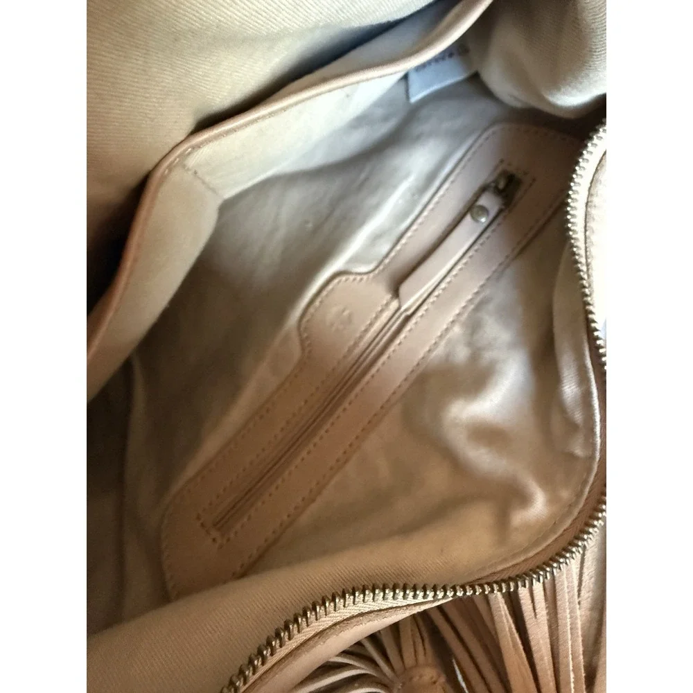 Lucky Brand Leather Hobo Shoulder Bag Tan Slouchy Tassel Boho Purse EST. 1990